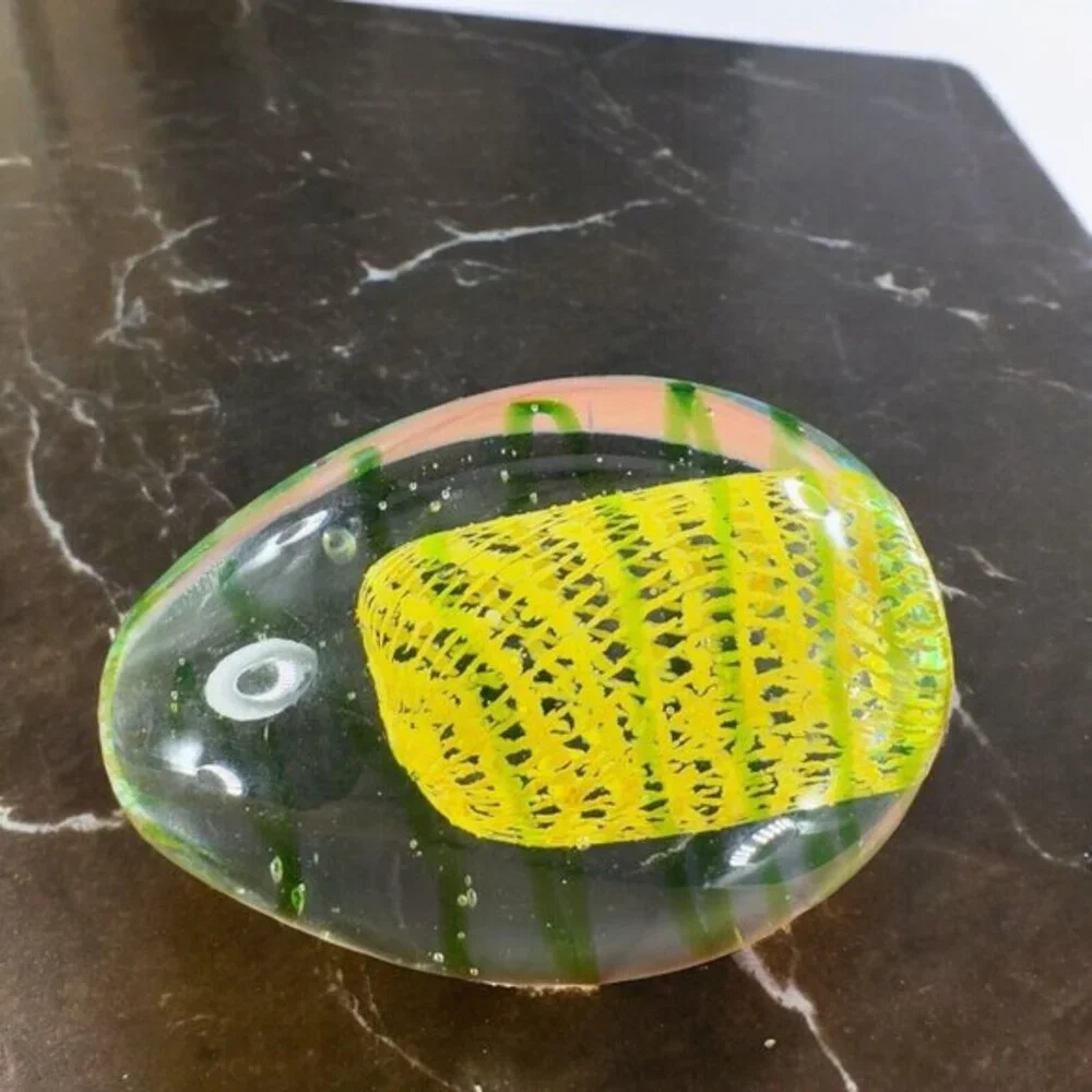 Art Glass Paperweight With Yellow Green Swirls All Over Egg Shaped‎ Paperweight